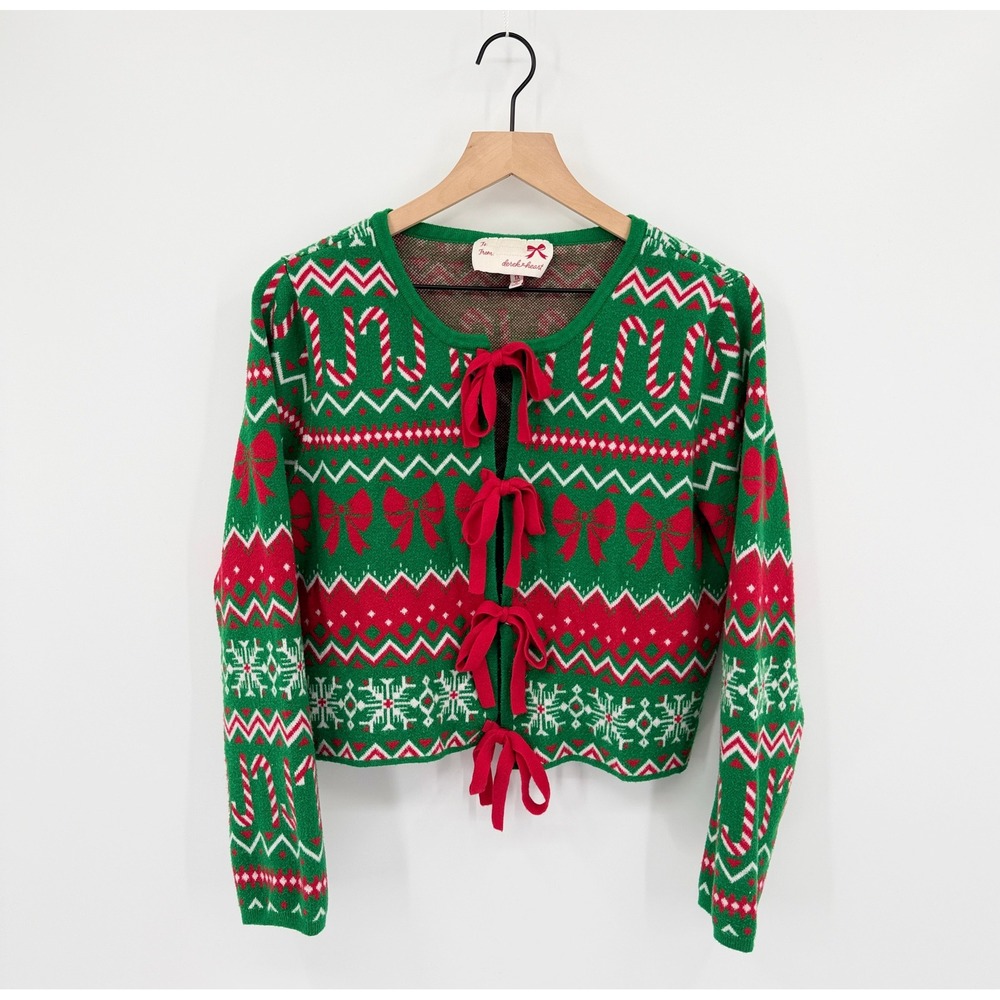 Festive Christmas Fair Isle Cropped Cardigan Womens 1X Candy Cane Bows Coquette